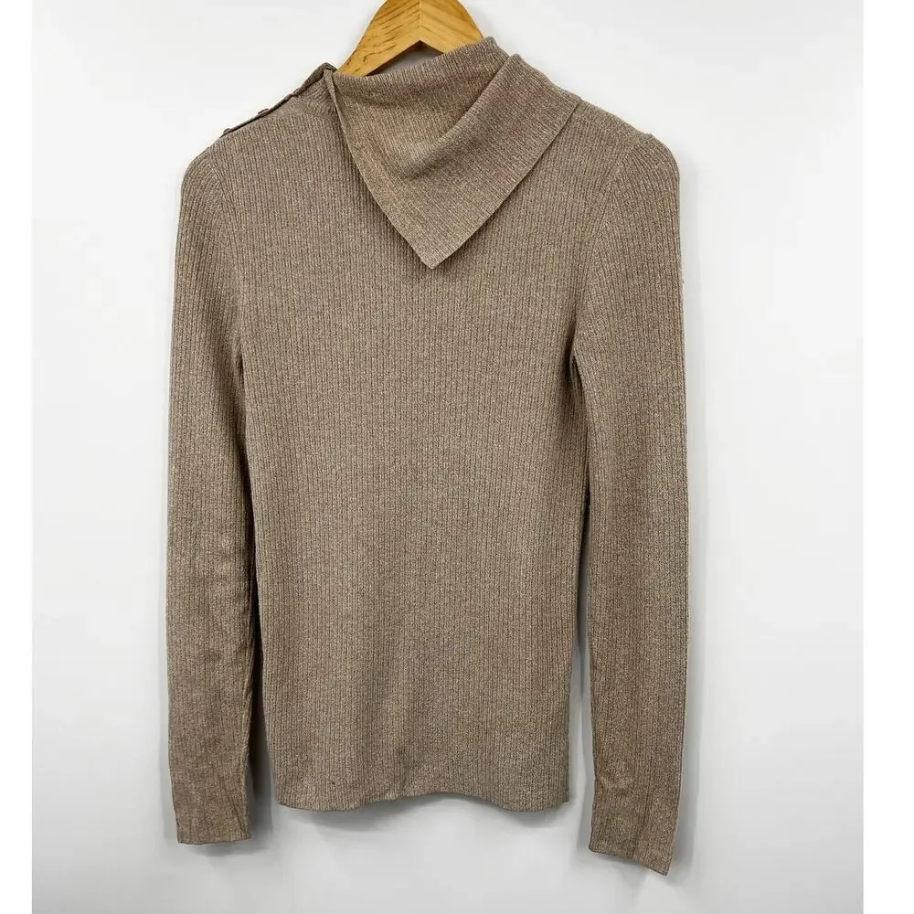 Theory Leendelly Volt Asymmetrical Sweater Wome's Ribbed Turtleneck Top Tan M‎